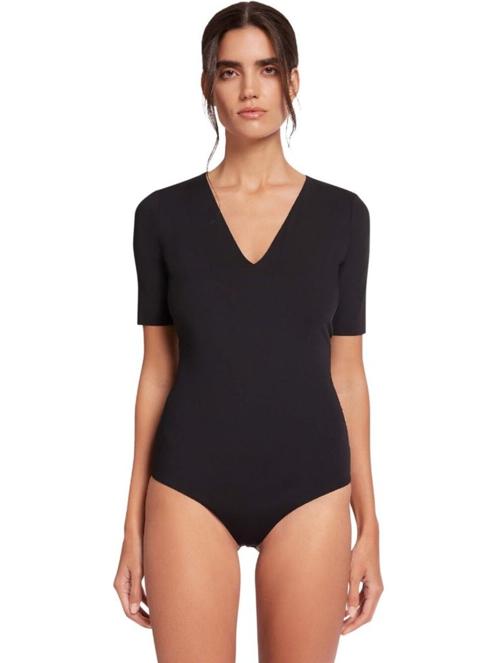 Lightweight Jersey Deep V-Neck Bodysuit for Women | Short Slim Sleeves, Snap